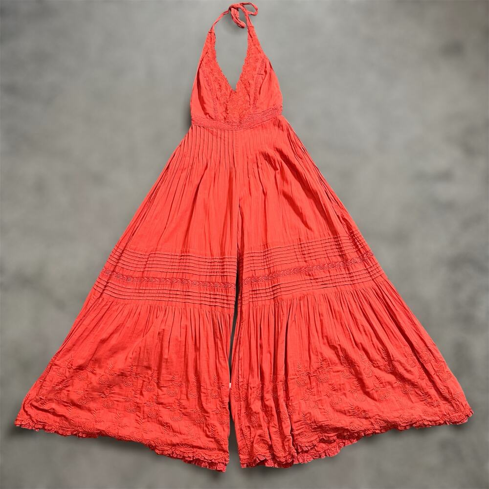 Free People Paloma Jumpsuit 0 XS Womens Orange Embroidered Wide Leg Flare Halter